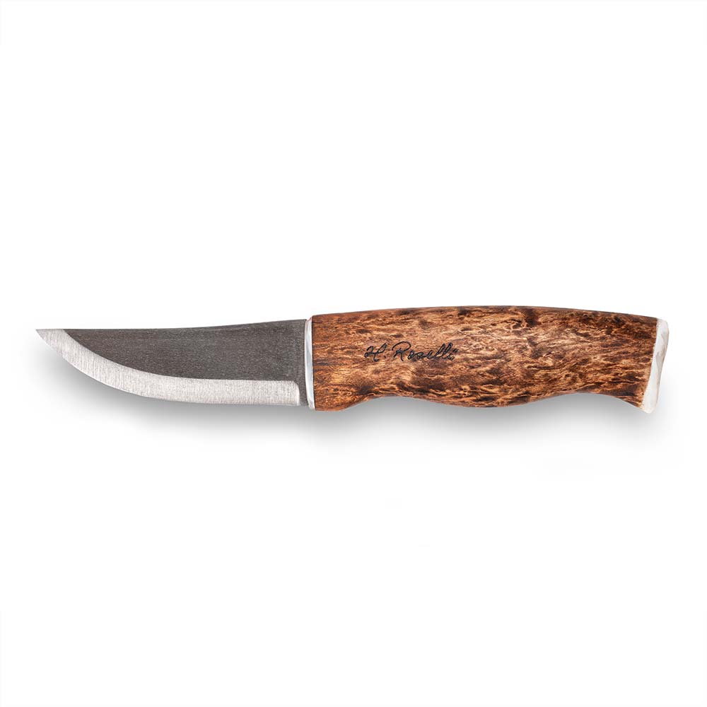 Handmade Finnish hunting knife from Roselli in model "Hunting knife Nalle" Comes with  UHC steel and detail such as silver ferrule and reindeer antler details