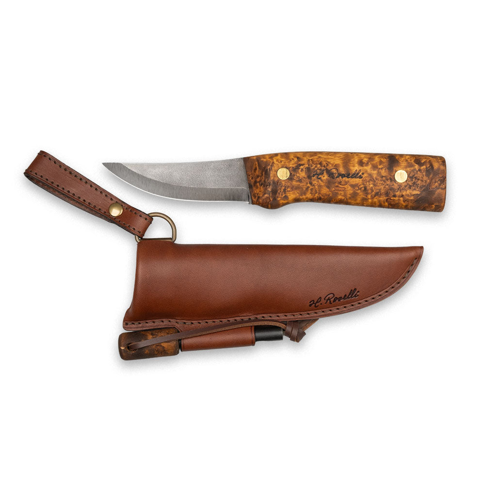 Roselli's handmade Finnish hunting knife with full tang blade and a handle made of stanied curly birch. Comes with a handmade Finnish leather combo sheath including Roselli's firesteel.