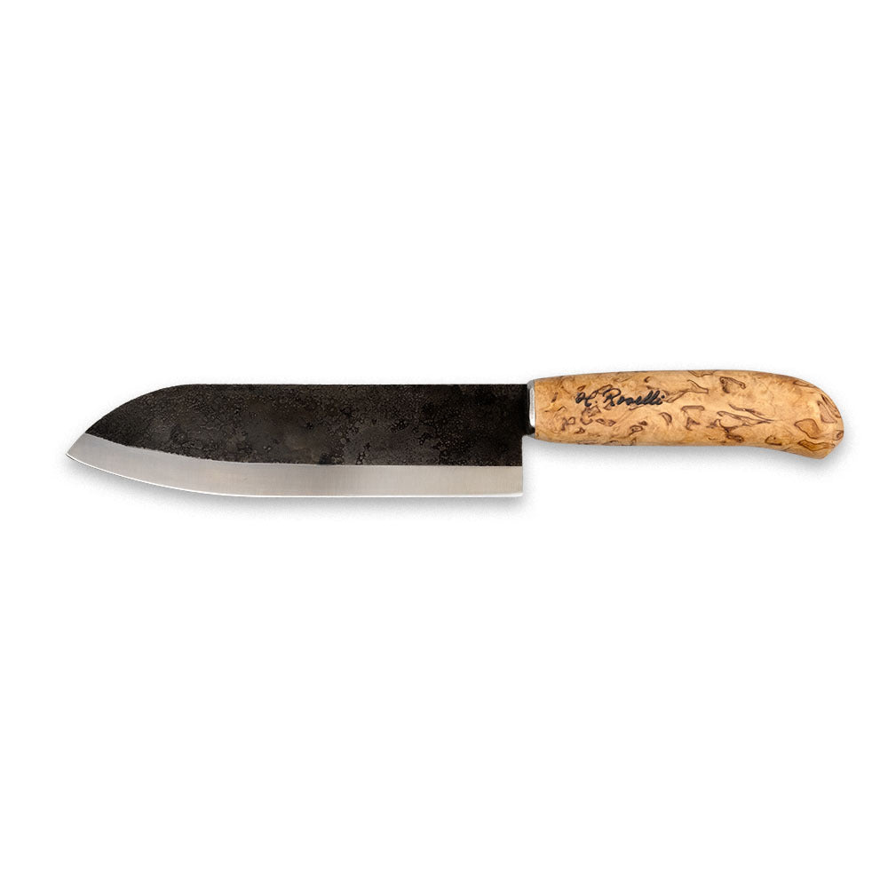 Rosellis Finnish handmade Japanese Chef knife made from carbon steel. Now comes with a handmade leather sheath. 