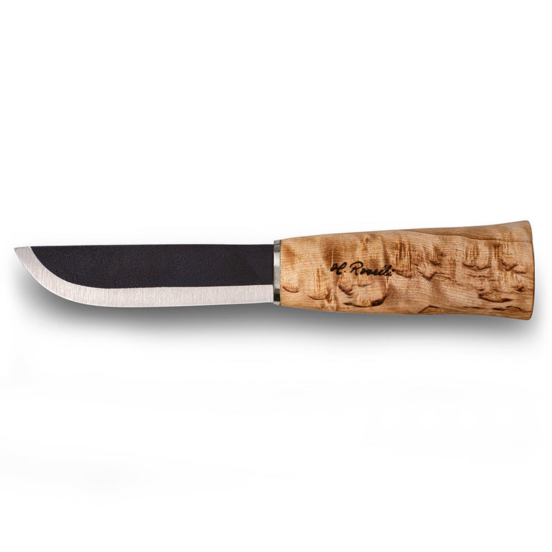 Handmade finnish bushcraft knife from Roselli in model "Small Leuku Knife" with a handle made out of curly birch and comes with a light tanned leather sheath 