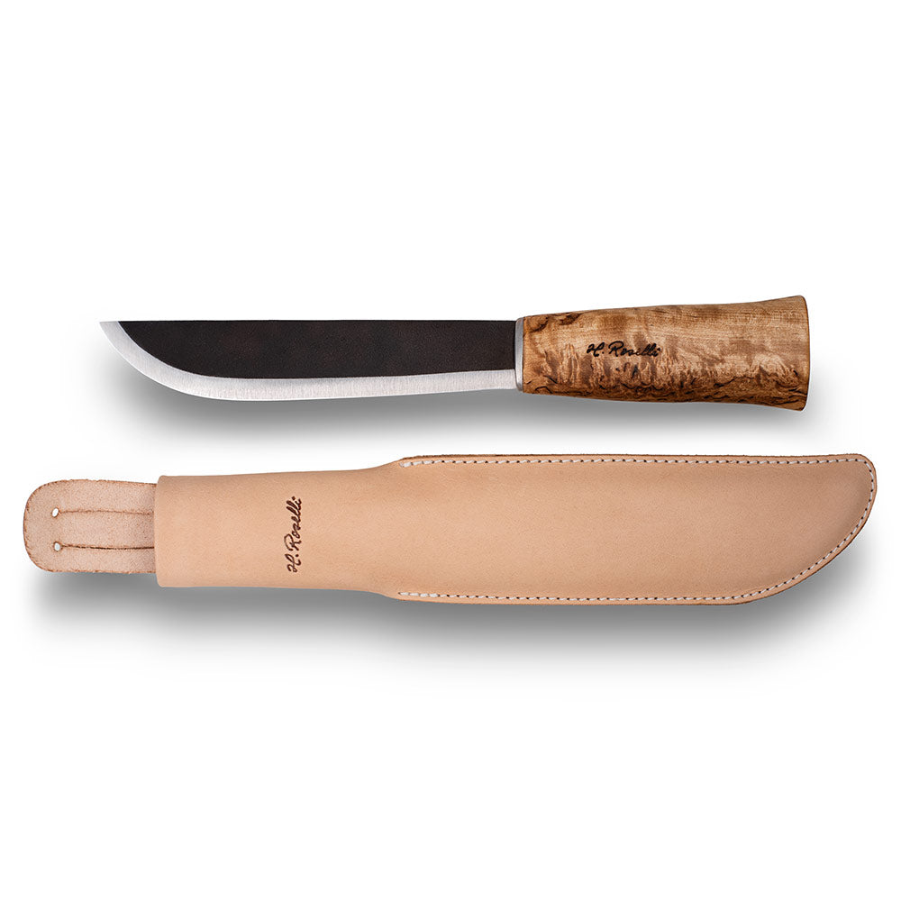 Handmde finnish bushcraft knife from Roselli in model " Big Leuku Knife" with handle in curly birch comes with a light tanned vegetable leather sheath  