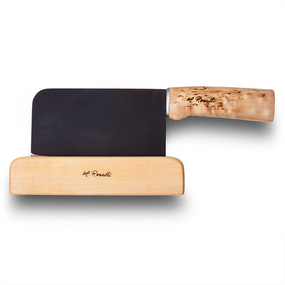 Handmade finnish kitchen knife from Roselli in model "Chinese chef knife" with a handla made out of curly birch comes with a knife rack made out of curly birch too