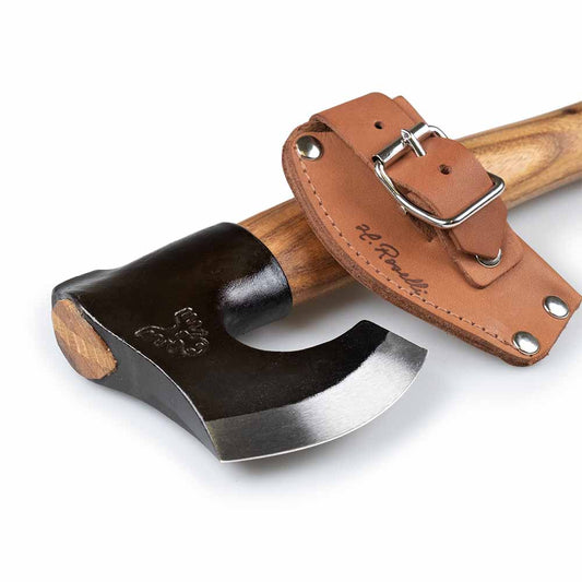 Roselli's handmade outdoor axe with a handle of red elm and a sheath made of dark Finnish vegetable leather.