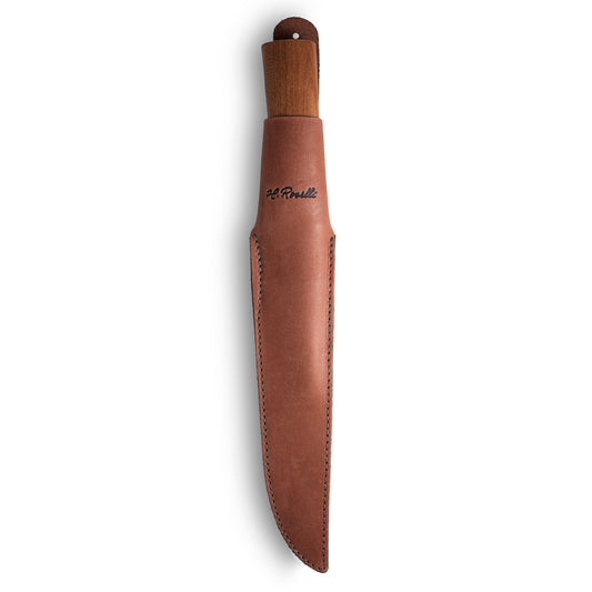 Handmade Finnish big fish knife from Roselli with a handle made out of heat treated curly birch comes with a vegetable dark leather sheath 